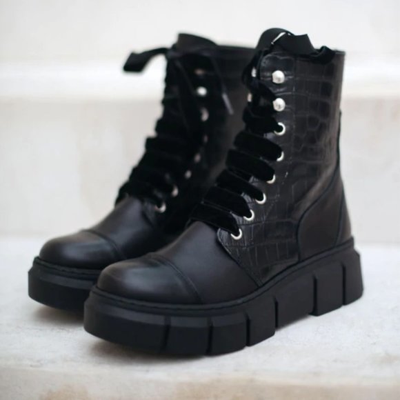 Black Faux Croc Combat Boots - Picture 1 of 3